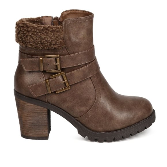 Leatherette Shearling Buckled Chunky Heel Bootie - Picture 2 of 7